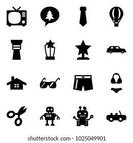 Solid vector icon set - tv vector, merry christmas message, tie, air balloon, award, limousine, home, sunglasses, swimsuit, scissors, robot, toy car