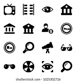 Solid vector icon set - tv vector, plane seats, eye, bank, account, no cart horse road sign, truck overtake, magnifier, telescope, sunglasses, parasol, scanner