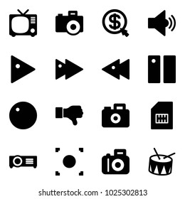 Solid vector icon set - tv vector, camera, money click, volume medium, play, fast forward, backward, pause, record, dislike, sim, projector, button, drum