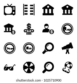 Solid vector icon set - tv vector, plane seats, bank, account, no trailer road sign, cart horse, truck overtake, magnifier, telescope, sunglasses, parasol, teethers