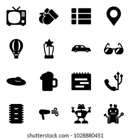 Solid vector icon set - tv vector, gloves, menu, map pin, air balloon, award, limousine, sunglasses, woman hat, beer, terms plan, phone, chip, dryer, robot