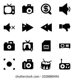Solid vector icon set - tv vector, camera, money click, low volume, off, fast forward, backward, dislike, news, sim, projector, record button, drum, radio