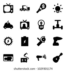 Solid vector icon set - tv vector, fork loader, money torch, bulb, electric car, news, business idea, gyroscope, sun power, battery, Angular grinder, drill, generator, welding, dryer, guitar