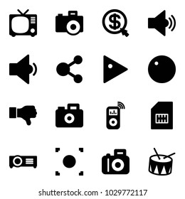 Solid vector icon set - tv vector, camera, money click, volume medium, low, share, play, record, dislike, music player, sim, projector, button, drum