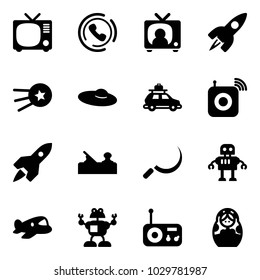 Solid vector icon set - tv vector, phone horn, news, rocket, first satellite, woman hat, car baggage, wireless speaker, jointer, sickle, robot, plane toy, radio, russian doll