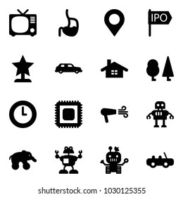 Solid vector icon set - tv vector, stomach, map pin, ipo, award, limousine, home, forest, clock, cpu, dryer, robot, elephant wheel, toy car