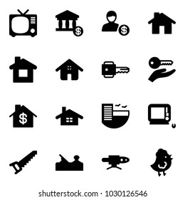 Solid vector icon set - tv vector, account, home, key, hand, dollar, hotel, monoblock pc, saw, jointer, pipe welding, chicken toy