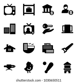 Solid vector icon set - tv vector, baggage room, account, building, news, key hand, doors, home, hotel, sea, saw, pipe welding, chicken toy, baseball bat, block house