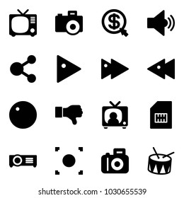 Solid vector icon set - tv vector, camera, money click, volume medium, share, play, fast forward, backward, record, dislike, news, sim, projector, button, drum