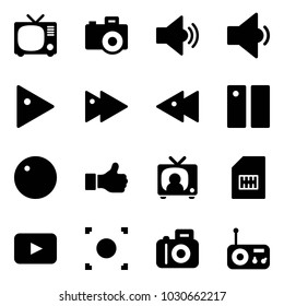 Solid vector icon set - tv vector, camera, volume medium, low, play, fast forward, backward, pause, record, like, news, sim, playback, button, radio