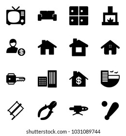 Solid vector icon set - tv vector, vip waiting area, baggage room, fireplace, account, home, key, building, dollar, hotel, bucksaw, side cutters, pipe welding, baseball bat