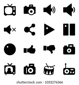 Solid vector icon set - tv vector, camera, volume medium, low, off, share, play, pause, record, like, dislike, news, drum, radio