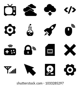 Solid vector icon set - tv vector, clouds, download cloud, tag code, gear, round flask, rocket, mouse wireless, joystick, lock, sim, delete, fine signal, cursor, hdd