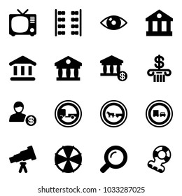 Solid vector icon set - tv vector, plane seats, eye, bank, account, no trailer road sign, cart horse, truck overtake, telescope, parasol, magnifier, teethers