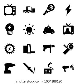 Solid vector icon set - tv vector, fork loader, money torch, lightning, idea, bulb, electric car, news, sun power, water plant, drill machine, Angular grinder, soldering iron, welding, dryer