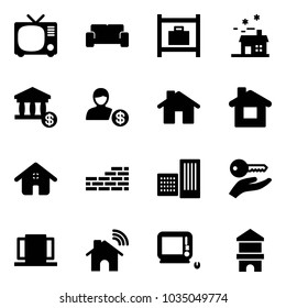 Solid vector icon set - tv vector, vip waiting area, baggage room, house, account, home, brick wall, building, key hand, doors, wireless, monoblock pc, toy block
