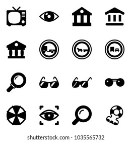 Solid vector icon set - tv vector, eye, bank, no trailer road sign, cart horse, truck overtake, magnifier, sunglasses, parasol, scanner, teethers