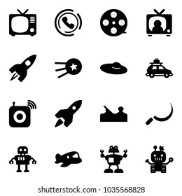 Solid vector icon set - tv vector, phone horn, film coil, news, rocket, first satellite, woman hat, car baggage, wireless speaker, jointer, sickle, robot, plane toy