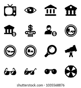 Solid vector icon set - tv vector, eye, bank, account, no trailer road sign, cart horse, truck overtake, magnifier, telescope, sunglasses, parasol