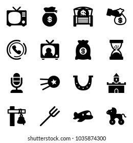 Solid vector icon set - tv vector, money bag, chest, encashment, phone horn, news, sand clock, microphone, first satellite, luck, fort, ship bell, farm fork, plane toy, wheel horse