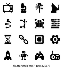 Solid vector icon set - tv vector, lab, antenna, satellite, trip, bezier, fingerprint scanner, binary code, sand clock, link, cpu, gear, rocket, robot, joystick, radio