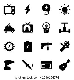 Solid vector icon set - tv vector, lightning, idea, bulb, electric car, news, business, gyroscope, sun power, battery, drill machine, Angular grinder, soldering iron, generator, guitar