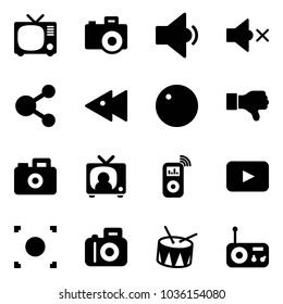 Solid vector icon set - tv vector, camera, low volume, off, share, fast backward, record, dislike, news, music player, playback, button, drum, radio