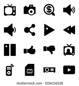 Solid vector icon set - tv vector, camera, money click, volume medium, low, share, play, fast backward, pause, like, dislike, news, music player, sim, projector, playback