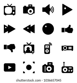 Solid vector icon set - tv vector, camera, volume medium, play, fast forward, backward, record, like, dislike, news, music player, projector, playback, button, radio