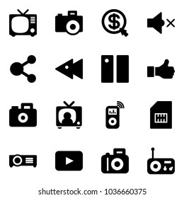 Solid vector icon set - tv vector, camera, money click, volume off, share, fast backward, pause, like, news, music player, sim, projector, playback, radio