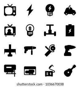 Solid vector icon set - tv vector, lightning, idea, electric car, news, business, gyroscope, battery, milling cutter, drill machine, Angular grinder, jig saw, generator, welding, guitar