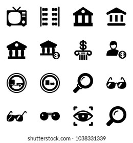 Solid vector icon set - tv vector, plane seats, bank, account, no trailer road sign, truck overtake, magnifier, sunglasses, eye scanner