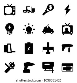 Solid vector icon set - tv vector, fork loader, money torch, lightning, idea, bulb, electric car, news, water power plant, battery, milling cutter, drill machine, Angular grinder, jig saw, generator