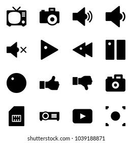 Solid vector icon set - tv vector, camera, volume medium, low, off, play, fast backward, pause, record, like, dislike, sim, projector, playback, button