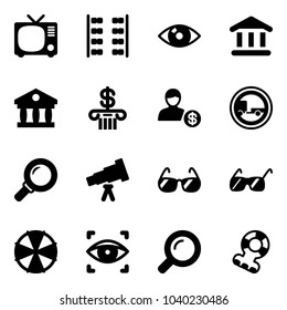 Solid vector icon set - tv vector, plane seats, eye, bank, account, no trailer road sign, magnifier, telescope, sunglasses, parasol, scanner, teethers