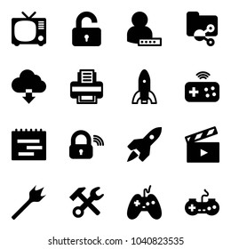 Solid vector icon set - tv vector, unlocked, user password, shared folder, download cloud, printer, rocket, joystick wireless, terms plan, lock, movie flap, wood drill, wrench hammer, gamepad
