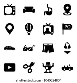 Solid vector icon set - tv vector, vip waiting area, stomach, map pin, air balloon, news, ipo, limousine, sunglasses, swimsuit, playback, scissors, robot, toy car