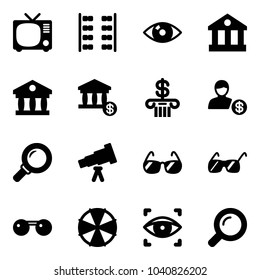 Solid vector icon set - tv vector, plane seats, eye, bank, account, magnifier, telescope, sunglasses, parasol, scanner