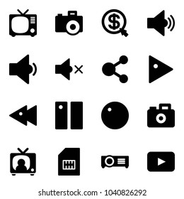 Solid vector icon set - tv vector, camera, money click, volume medium, low, off, share, play, fast backward, pause, record, news, sim, projector, playback