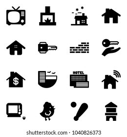 Solid vector icon set - tv vector, fireplace, house, home, key, brick wall, hand, dollar, hotel, sea, wireless, monoblock pc, chicken toy, baseball bat, block