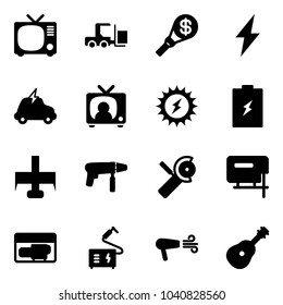 Solid vector icon set - tv vector, fork loader, money torch, lightning, electric car, news, sun power, battery, milling cutter, drill machine, Angular grinder, jig saw, generator, welding, dryer