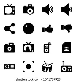 Solid vector icon set - tv vector, camera, volume medium, low, share, record, like, dislike, news, music player, sim, projector, button, drum, radio
