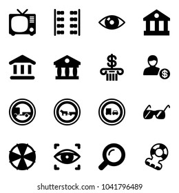 Solid vector icon set - tv vector, plane seats, eye, bank, account, no trailer road sign, cart horse, truck overtake, sunglasses, parasol, scanner, magnifier, teethers