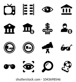 Solid vector icon set - tv vector, plane seats, eye, bank, account, no trailer road sign, truck overtake, telescope, sunglasses, scanner, magnifier, teethers