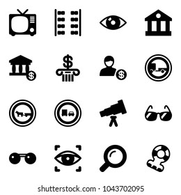 Solid vector icon set - tv vector, plane seats, eye, bank, account, no trailer road sign, cart horse, truck overtake, telescope, sunglasses, scanner, magnifier, teethers