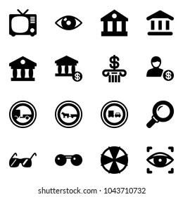 Solid vector icon set - tv vector, eye, bank, account, no trailer road sign, cart horse, truck overtake, magnifier, sunglasses, parasol, scanner