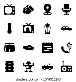 Solid vector icon set - tv vector, gloves, map pin, office chair, tie, news, award, limousine, swimsuit, woman hat, terms plan, phone, chip, robot, toy car, radio