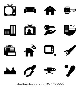 Solid vector icon set - tv vector, vip waiting area, home, key, building, news, hand, hotel, sea, wireless, monoblock pc, saw, jointer, side cutters, pipe welding, baseball bat