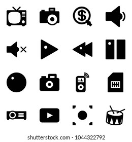Solid vector icon set - tv vector, camera, money click, low volume, off, play, fast backward, pause, record, music player, sim, projector, playback, button, drum