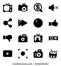 Solid vector icon set - tv vector, camera, money click, volume off, share, fast forward, record, like, dislike, news, projector, playback, button, drum